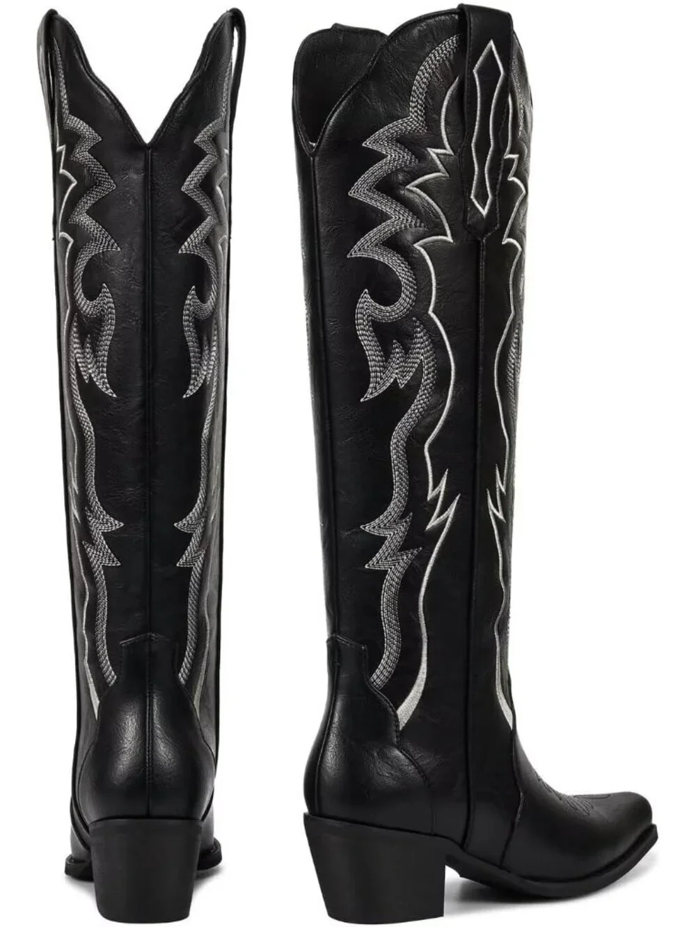 Women's Matte Black Chunky Heel Slip on Pointed Knee High Cowgirl Tall Boots